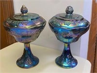 Pair of Carnival Glass Covered Compotes
