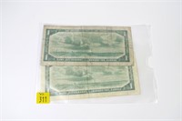 2- $1 Canadian notes, series of 1954