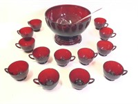 Red Glass Punch Bowl w/  7"base &13 Cups+