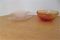 Vintage Amberina Glass Dish & Pink Satin Glass