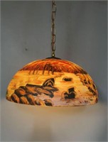 Vintage unsigned reversed painted hanging lamp 16"