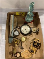 FLAT W/ POCKET WATCH, ASIAN THEMED FIGURINES,