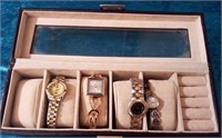 V - LOT OF 4 W3ATCHES & WATCH BOX (L87)
