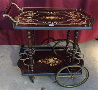 Inlaid Floral Wood and Brass Tea Trolley