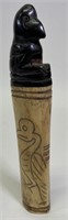 Carved Wood & Bone Scrimshaw Shaman Powder Holder