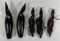 5 Hand Carved Dark Wood Tribal Collectibles