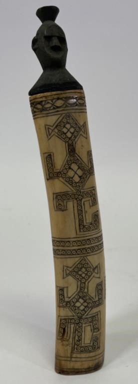 Hand Carved Bone Scrimshaw Shaman Powder Holder