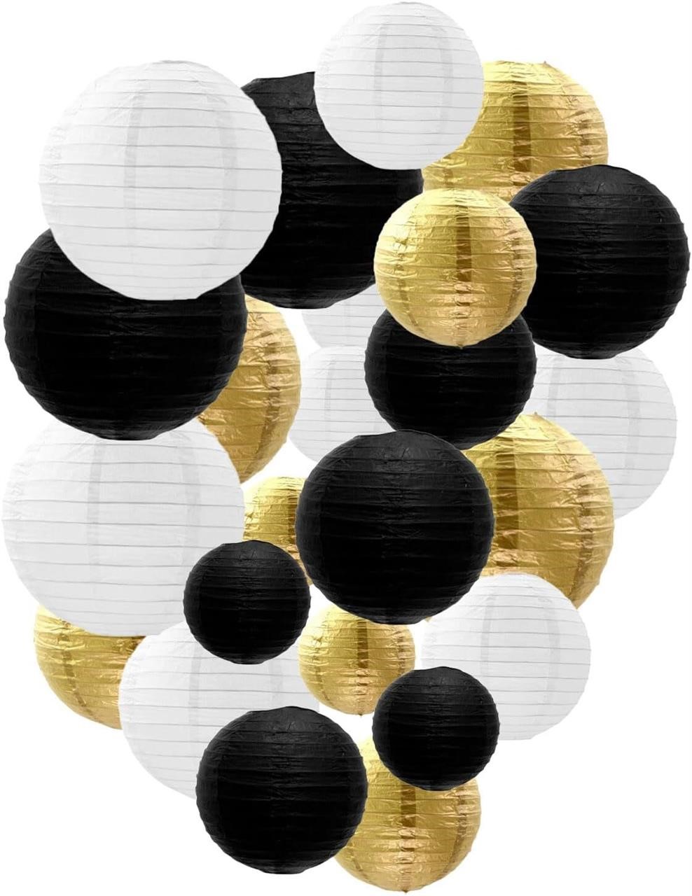 Lot of 3 Black Gold White Paper Lanterns  12 PCS