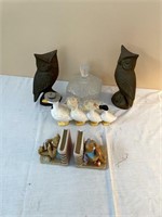 Ducks, Book Ends, Owls, And Glass Dish.