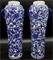 Pair Blue & White 18in Vases
