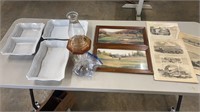 Miscellaneous Lot. Oil Lamp, Golf Pictures, Old