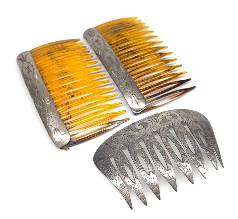 3 Art Deco Sterling Silver Hair Combs