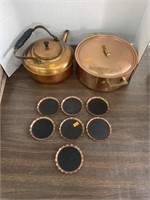 Copper tea pot , cooking pot and coasters