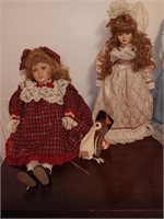 2 porcelain dolls, 18 inches tall and 24 inches