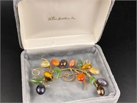 10k gold 3.5” large multi colored gemstone brooch