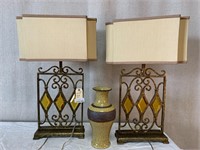 Pair Glass & Metal Deco Lamps, Crackle Vase