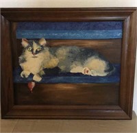 Cat oil painting in wood frame