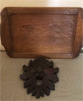 Primitive carved wood tray and furniture