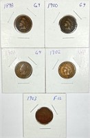 (5) Indian Head Cent Lot 1898,1900,1901,1902,1903