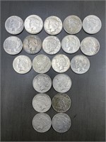 TUBE OF 20 PEACE SILVER DOLLARS. 5-1922, 9-1923,