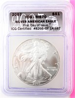 Coin 2007 Silver Eagle Certified ICG MS70