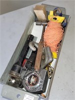 Metal bin with tools hooks and miscellaneous