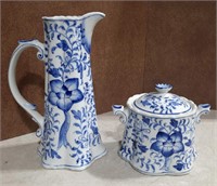 Porcelain Pitcher & Sugar Bowl Blue and White11W2H