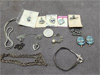 Sterling Jewelry.  6 charms, 2 peacock pins, 1