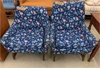 Pair Of Walnut Mid Century Upholstered Arm Chairs