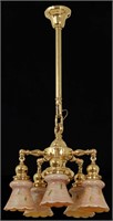 Brass 5 Light Chandelier w/ Art Glass Shades
