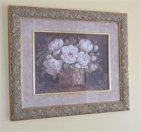 Framed contemporary print of white roses 24”x20"