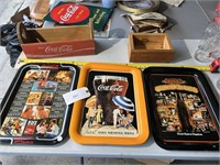 COCA COLA SERVING TRAYS AND WOODEN BOXES