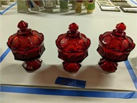 3 Red Coin Glass Covered Candy Dishes