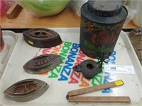 Vtg. Folding Rule, Toleware Painted Canister,