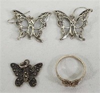 Sterling Butterflies, earrings,  pendant, sz. 7