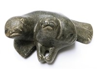 Inuit Embracing Seals Soapstone Carving, Signed