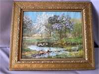 Antique Frame w/ Picture of Duck Pond Scene 27x23