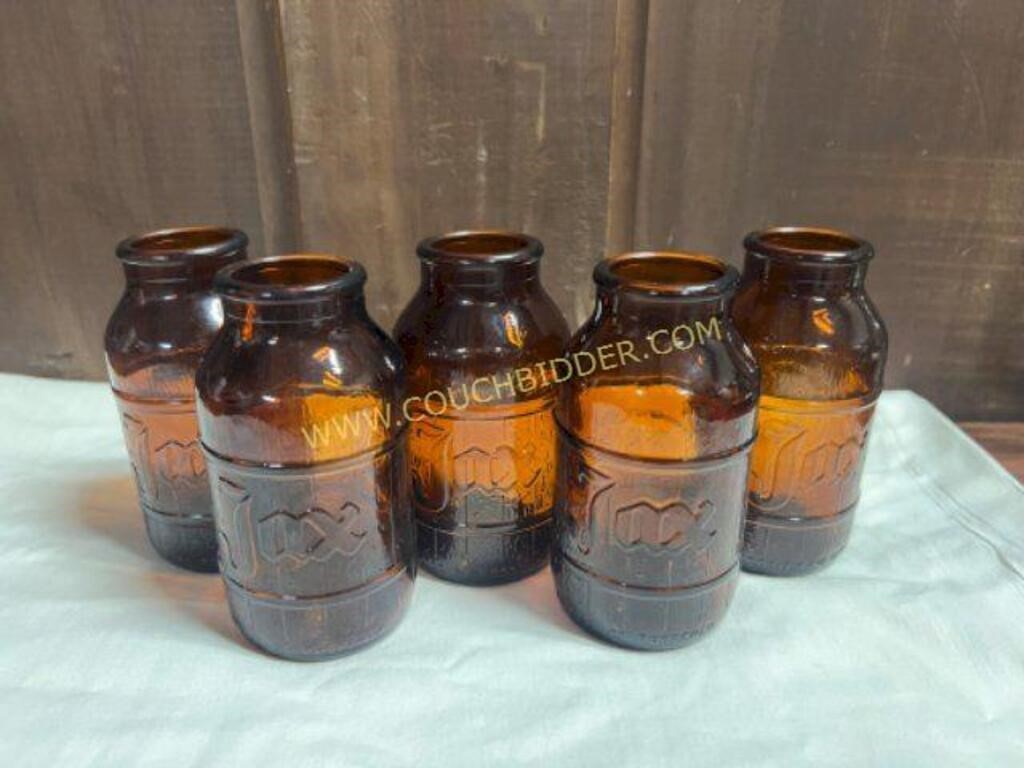 Five Brown Glass Vintage Jax Beer Bottles