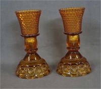 Indiana Glass Amber Moon and Stars Candle Holders