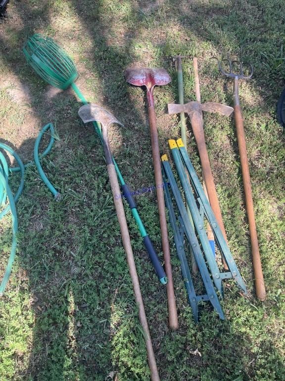 Yard tools, pitchfork, hoe, shovels