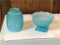 FENTON 2 PC. BLUE GLASS CANDLE HOLDER - VERY NICE