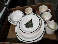 One box unmarked Christmas dishes place setting