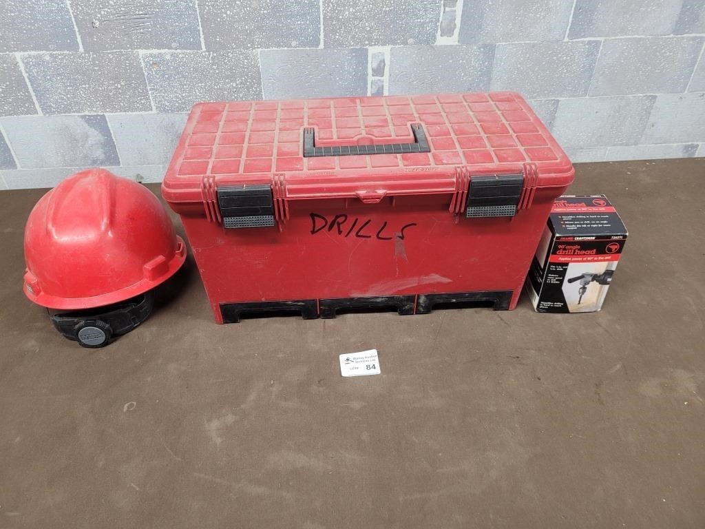 Drill, tool box with tools, hard hat, etc