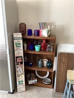 Wood bookshelf and assorted vases