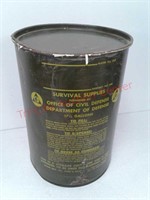 Civil defense survival supplies metal barrel with