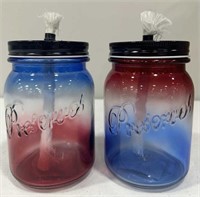 2ct Patriotic Tiki Torch Glass Mason Jars w/ Lids