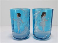 TWO MARY GREGORY BLUE GLASS 3.75" TUMBLERS