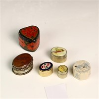 Vintage four mini pillboxes and a Korean stoneware