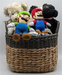 (DD) Basket of stuffies 5-9in h and toys 1-4in h