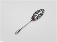 OVAL STERLING HAT PIN W/ RED STONE INSERT
